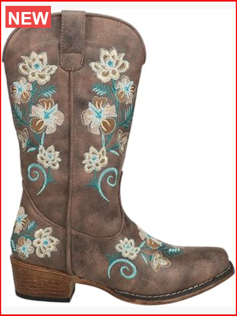 Faux Leather Snip Toe Cowgirl Boots Mid Calf Embroidered Low Heel 1-2